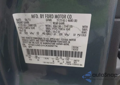 2012 Ford Escape Limited z USA, uszkodzony, nr VIN 1FMCU9EG1CKA09774